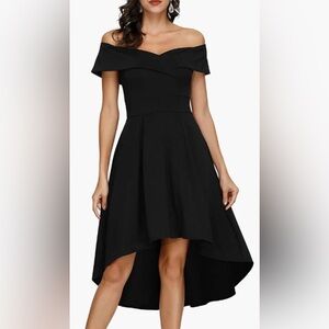 NWT Jasambac Off Shoulder High Low A Line Black Cocktail Dress w Pockets - Sz L